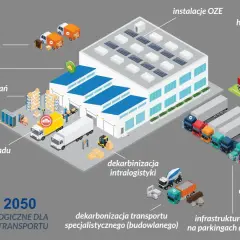 Ilustracja pokazuje, jak dekarbonizacja co to jest w logistyce: od małego transportu, przez magazyny, po ciężarówki i OZE.