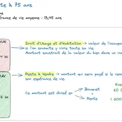 Schéma expliquant la vente en viager occupé : la valeur du bien est divisée entre le droit d'usage et d'habitation (DUH) et le reste à vendre (RAV), qui peut être un bouquet et une rente.