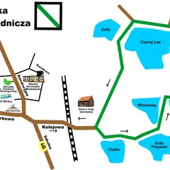 Mapa ścieżki przyrodniczej w Krośnicach. Widoczne stawy krośnickie: Czarny Las, Lipski, Duży Karol, Mały Karol, Wrzosowy, Zofia, Brzozowy, Graniczny, Mała Przystań, Duża Przystań.