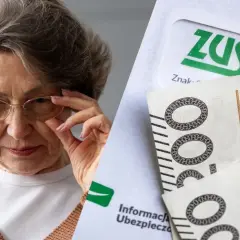 Starsza pani z okularami analizuje dokumenty ZUS i polskie banknoty. Czy to dodatek do renty socjalnej?