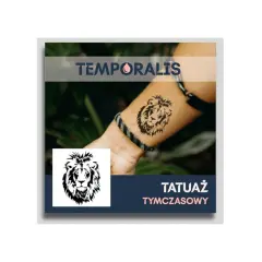 Damskie tatuaże na rękę: tymczasowy lew na przedramieniu, symbol siły i odwagi.