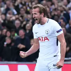 Harry Kane, jeden z najlepszych angielskich trenerów, świętuje bramkę. Tłum kibiców na trybunach.