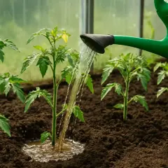 Zielona konewka podlewa młode sadzonki pomidorów w szklarni.