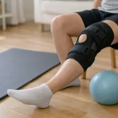 Osoba w ortezie kolana wykonuje ćwiczenia rehabilitacyjne po zwichnięciu rzepki. Obok leży mata i piłka.