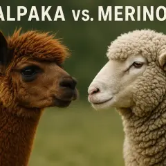 Brązowa alpaka i biała owca merino, obie z gęstą wełną, patrzą na siebie.