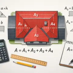 Ilustracja pokazuje, jak obliczyć kąt dachu, dzieląc go na prostokąty i trójkąty. Obok domu z czerwonym dachem znajdują się wzory, kalkulator i przybory do mierzenia.