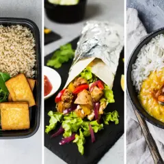 Kolorowe dania z ryżem, wrap z kurczakiem i warzywami, curry z ciecierzycą – inspiracje na meal prep przepisy.