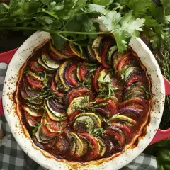 Vacker ratatouille i en röd ugnsform, med skivade grönsaker som tomat, zucchini och aubergine. Perfekt för ett ratatouille recept.