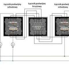 Schemat instalacji elektrycznej z łącznikiem podwójnym krzyżowym i dwoma schodowymi, sterującymi dwoma żarówkami.
