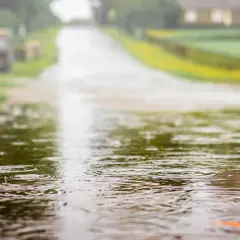 Deszcz tworzy kręgi na kałuży, a w tle widać drogę i dom. Woda z dachu sąsiada spływa, tworząc ten widok.
