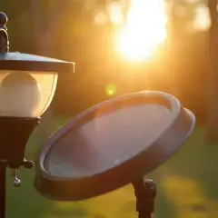Montaż lampy solarnej w ogrodzie. Słońce zachodzi, oświetlając panel i klosz lampy.
