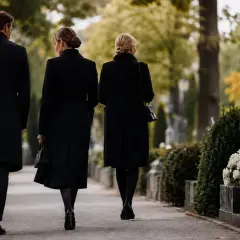 Elegancki strój na pogrzebie latem damski: dwie kobiety w czarnych płaszczach i mężczyzna idą cmentarzem.
