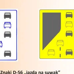 Znaki D-56 ilustrują jazda na suwak. Po lewej niebieski znak z samochodami, po prawej żółty znak z samochodami.