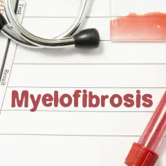 Wyniki badań hematologicznych wskazują na mielofibrozę. Stetoskop i probówka z krwią dopełniają obraz diagnostyczny.