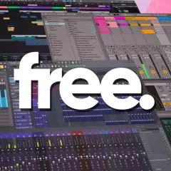 Musikproduktion-Software mit vielen Spuren und Effekten. Eine riesige "free."-Schrift überlagert die Ansicht, die eine FL Studio Alternative Free darstellt.