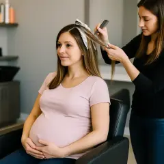 Une coiffeuse réalise une décoloration sur les cheveux d'une femme enceinte, qui tient son ventre avec un sourire.