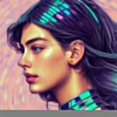 Portret kobiety z niebieskimi oczami i ciemnymi włosami, ozdobionymi neonowymi pasemkami. Jej szyję otacza futurystyczny kołnierz. Obraz przypomina stylizowaną **lensa**.