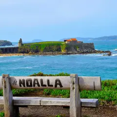 Banco de madera con #NOALLA grabado, frente al mar azul y un pueblo costero con edificios históricos.
