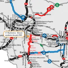 Mapa drogowa z zaznaczoną trasą S1, łączącą Mysłowice z Bieruniem i Oświęcimiem.