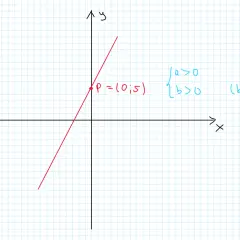 Notatka: funkcja liniowa y=ax+b. Punkt P(0;5) to przecięcie z osią Y. a>0, b>0, b=5.