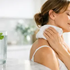 Donna con impacco fresco sul collo, bicchiere d'acqua e menta: rimedi naturali mal di testa.