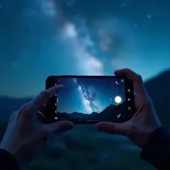 Ręce trzymają smartfon, na którym widać Drogę Mleczną. Dowiedz się, jak zrobić zdjęcie gwiazd telefonem.