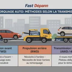 Illustration montrant les méthodes de remorquage selon la transmission : traction avant, propulsion arrière ou intégrale. Le remorquage dépend de la propulsion ou traction du véhicule.