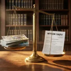 Waga szalkowa z pieniędzmi i dokumentem "Wyrok Sądu". Symbolizuje likwidację stanowiska pracy i odprawę.