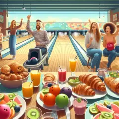 Freunde feiern beim Bowling in Gummersbach mit Obst und Gebäck.