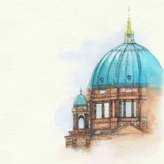 Zeichnung einer blauen Kuppel eines historischen Gebäudes auf weißem Hintergrund.