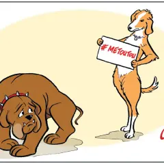 Un chien triste, peut-être en rut, regarde un autre chien tenant une pancarte "#METOUTOU". Une leçon sur comment calmer un chien en rute.