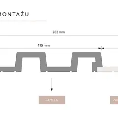 Schemat pokazuje wymiary po montażu: zakończenie lewe (31 mm), lamela (115 mm) i zakończenie prawe (56 mm). Całkowita szerokość to 202 mm.