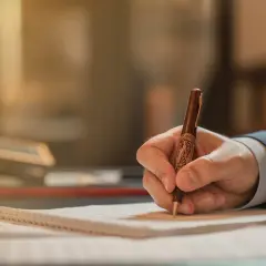 Dłoń pisze piórem ozdobnym na papierze. Zapewne to wniosek o stwierdzenie nabycia spadku, który wymaga staranności.