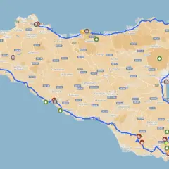 A scenic route around Sicily, showing towns and roads. This map helps answer how long does it take to drive around Sicily, with a blue line marking the journey.