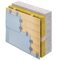 Przekrój ściany wentylowanej: beton, wełna mineralna, drewniana konstrukcja, folia flizelinowa i metalowe panele elewacyjne.