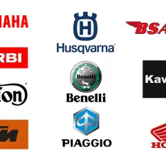 Logos de marcas de motos: Yamaha, Derbi, Norton, KTM, Husqvarna, Benelli, Piaggio, BSA, Ducati, Kawasaki y Honda.
