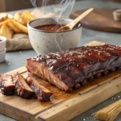 Costine succulente in friggitrice ad aria, glassate e fumanti, servite con patate e salsa barbecue.
