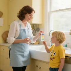 Une mère et son fils testent la qualité de l'eau du robinet dans leur cuisine. Le test indique un débit d'eau normal dans la maison.