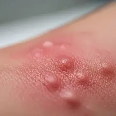 Pelle arrossata con pomfi gonfi, un segno che l'orticaria nei bambini è contagiosa.