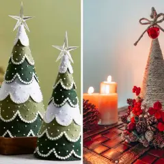 Coni natalizi fai da te: alberelli in feltro verde e bianco con stelle luminose e un cono decorato con spago, pigne e bacche rosse, accanto a candele accese.