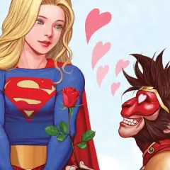 Supergirl z różą, a obok niej małpolud z serduszkami w oczach. Romantyczni chłopcy i spokój w powietrzu.