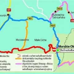 Mapa pokazuje trasę do Morskiego Oka z Zakopanego. Zaznaczono objazdy i odcinki z ruchem wahadłowym.