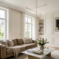 Elegancki salon z sofą, marmurowym stolikiem i bukietem róż. Wnętrze zdobi subtelna sztukateria w salonie, dodająca mu klasy.