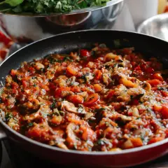 Poêlée de légumes colorée, prête pour une recette ratatouille traditionnelle. Tomates, courgettes et aubergines mijotent.