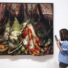 A woman photographs a draped artwork featuring fruits and vegetables, made in LA Hammer.