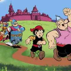 Kajko i Kokosz biegną ścieżką w stronę zamku.