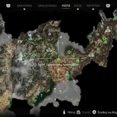 Mapa Horizon Zero Dawn z zaznaczonymi celami, w tym Żyrafem: Cynobrzany (ukończono).