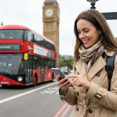 Kobieta z telefonem na tle czerwonego autobusu i Big Bena. To klasyczny widok z Wielkiej Brytanii, idealny na esim Wielka Brytania.