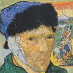 Autoportret z zabandażowanym uchem, Vincent van Gogh. Obraz przedstawia artystę w jego charakterystycznym stylu, z widocznymi pociągnięciami pędzla, odzwierciedlającymi jego emocjonalne cykle.