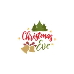 Come si scrive vigilia di Natale: alberi verdi, campane dorate con fiocco rosso e stelle arancioni circondano la scritta "Christmas Eve".